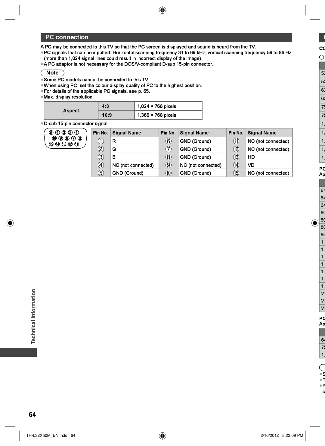 Panasonic TH-L32X50M operating instructions PC connection, Technical Information, Aspect, Pin No. Signal Name 