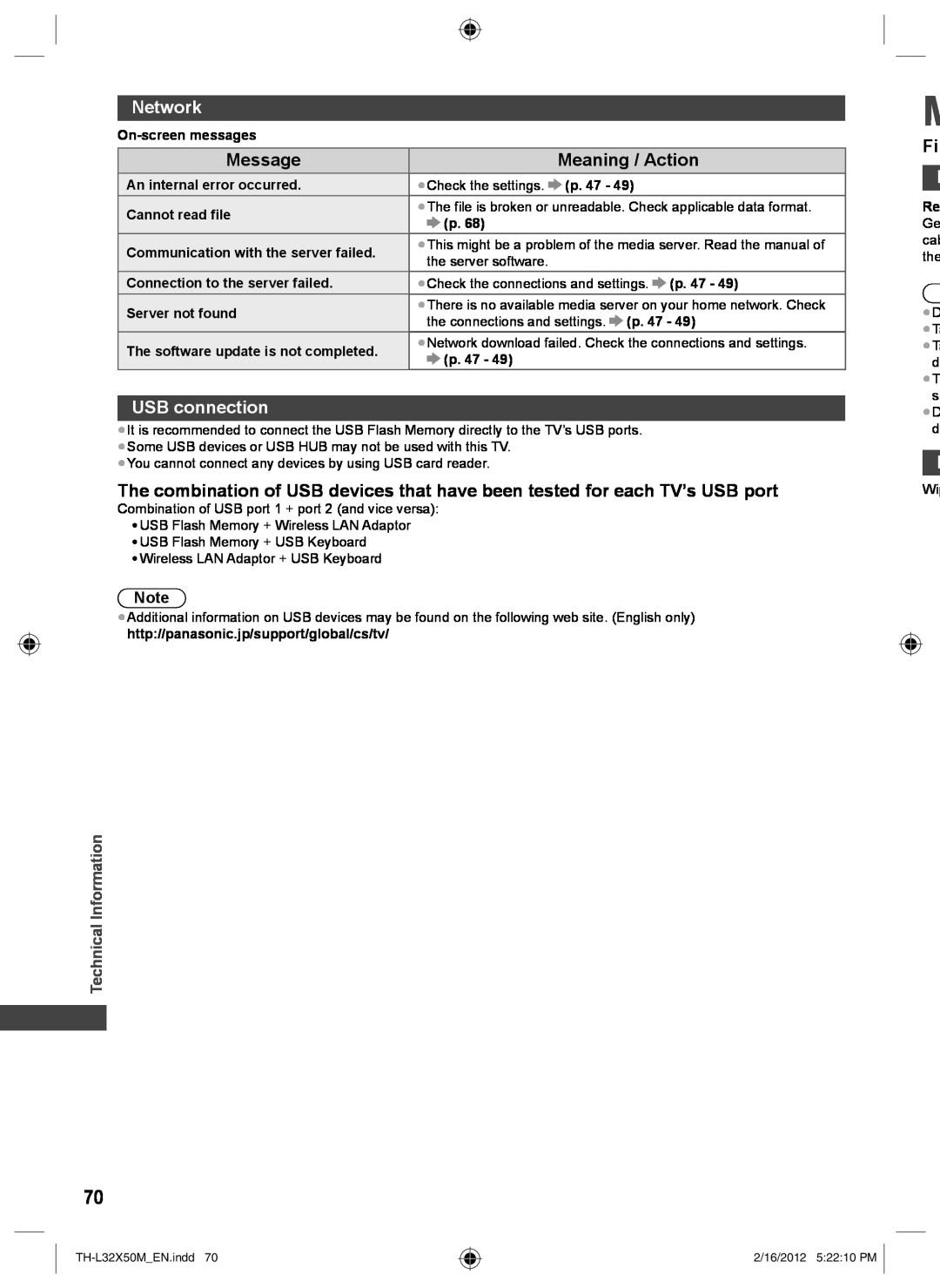 Panasonic TH-L32X50M USB connection, Network, Message, Meaning / Action, Technical Information, On-screen messages, p. 47 