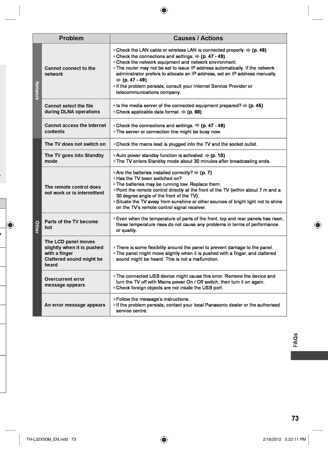 Panasonic TH-L32X50M FAQs, Problem, Causes / Actions, p. 47, Cannot connect to the, network, Cannot select the file, mode 