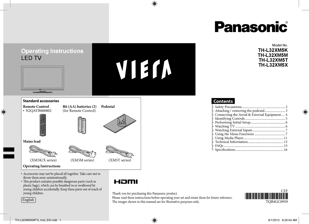 Panasonic TH-L32XM5M, TH-L32XM5T, TH-L32XM5X, TH-L32XM5K operating instructions Operating Instructions 