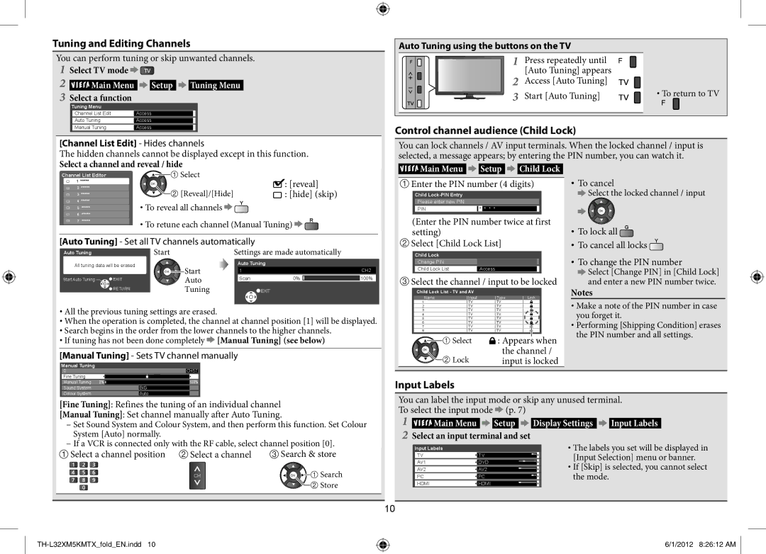 Panasonic TH-L32XM5X, TH-L32XM5T, TH-L32XM5M Tuning and Editing Channels, Control channel audience Child Lock, Input Labels 