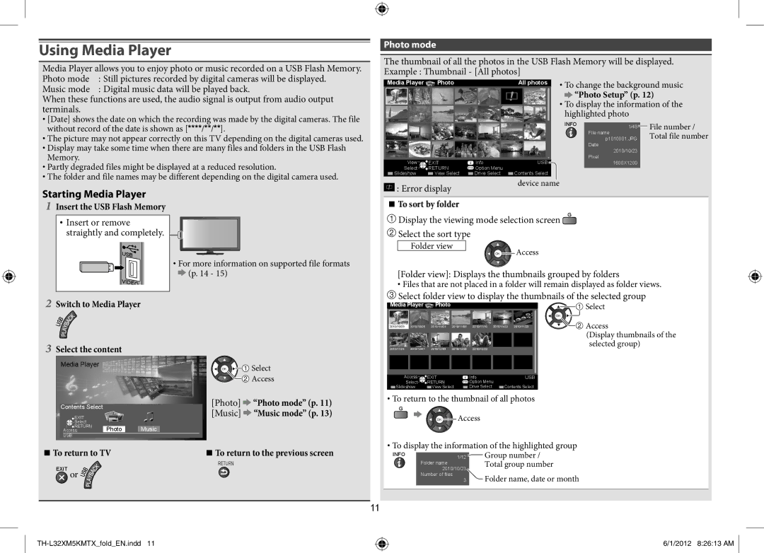 Panasonic TH-L32XM5K, TH-L32XM5T, TH-L32XM5M, TH-L32XM5X Using Media Player, Starting Media Player, Photo mode 