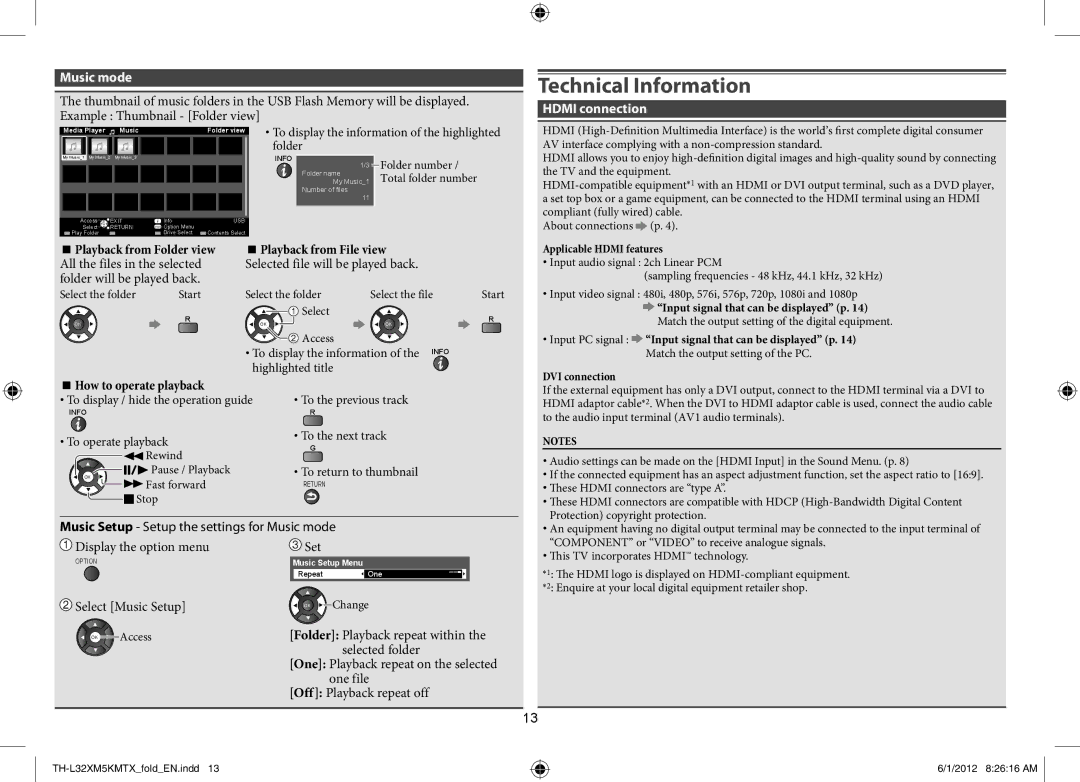 Panasonic TH-L32XM5M, TH-L32XM5T, TH-L32XM5X Technical Information, Music mode, Hdmi connection, Playback from File view 