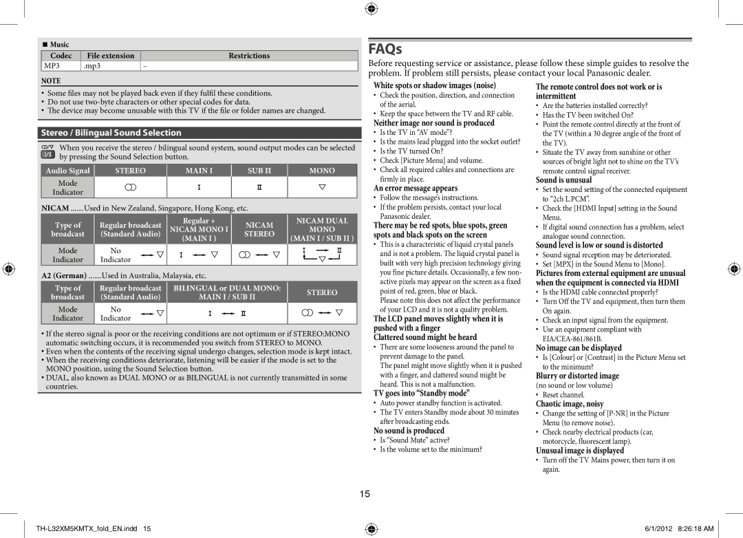 Panasonic TH-L32XM5K, TH-L32XM5T, TH-L32XM5M, TH-L32XM5X operating instructions FAQs, Stereo / Bilingual Sound Selection 