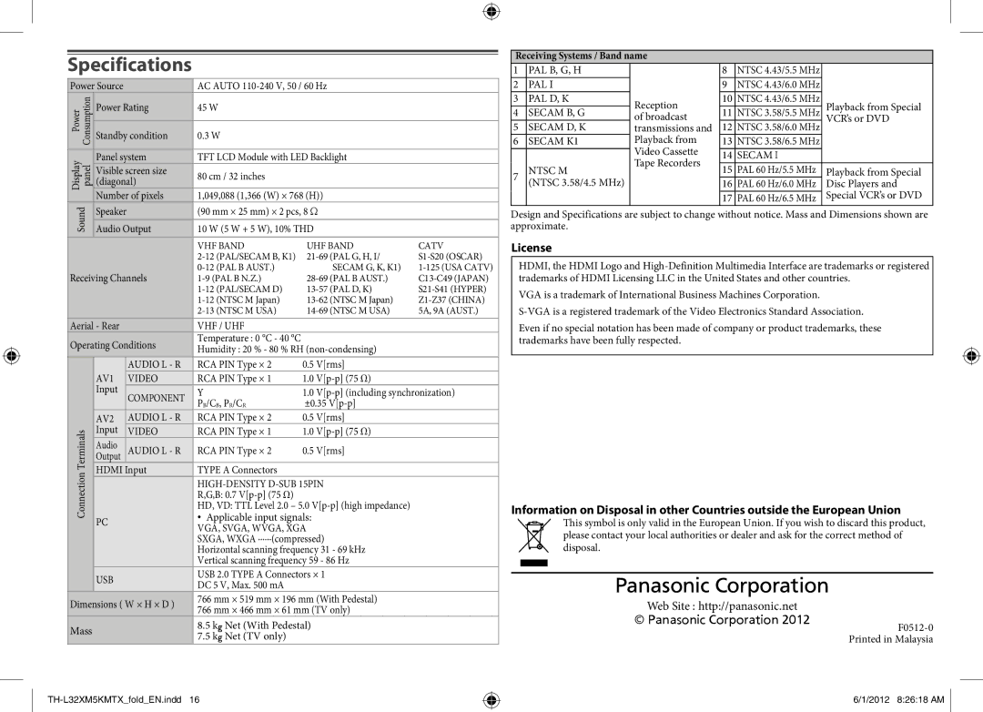 Panasonic TH-L32XM5T, TH-L32XM5M, TH-L32XM5X, TH-L32XM5K Specifications, License, Web Site http//panasonic.net 