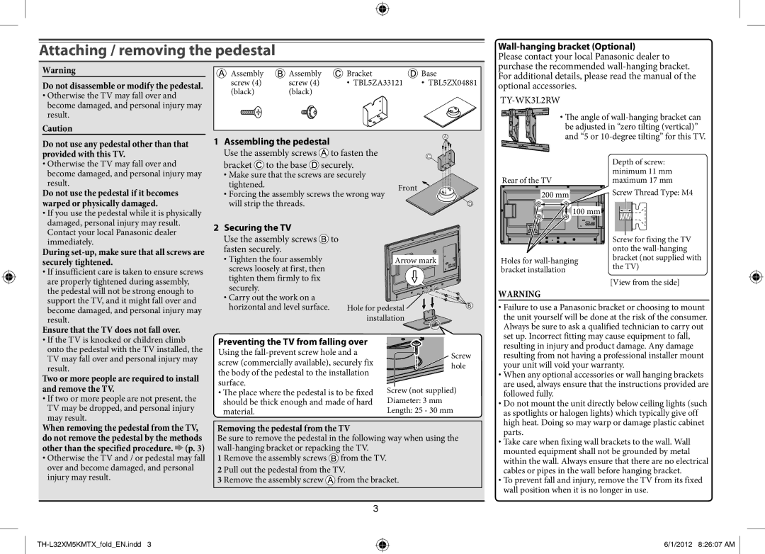 Panasonic TH-L32XM5K, TH-L32XM5T Attaching / removing the pedestal, Wall-hanging bracket Optional, Assembling the pedestal 