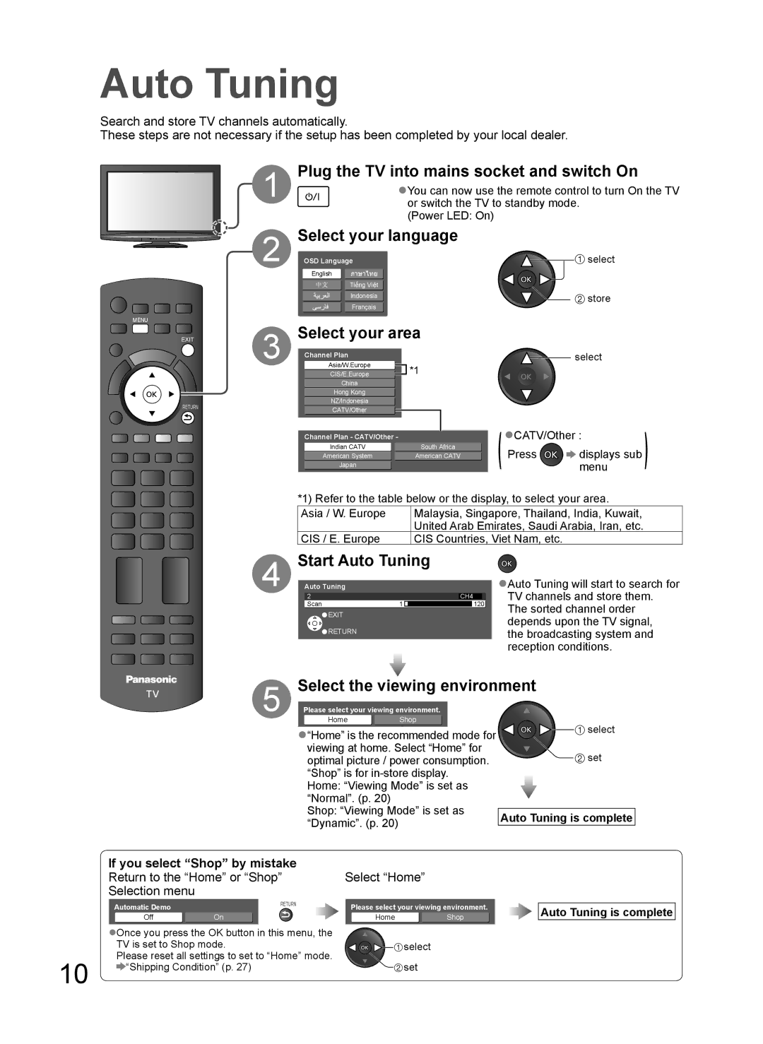 Panasonic TH-L37G10R, TH-L37G10K Select your language, Select your area, Start Auto Tuning, If you select Shop by mistake 