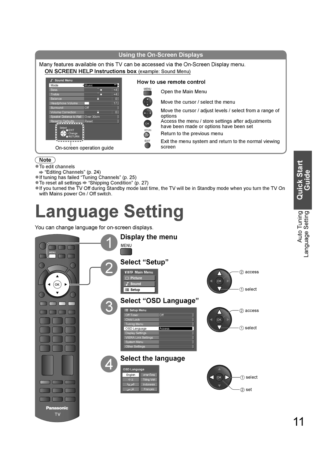 Panasonic TH-L37G10X manual Language Setting, Display the menu, Select Setup, Select OSD Language, Select the language 