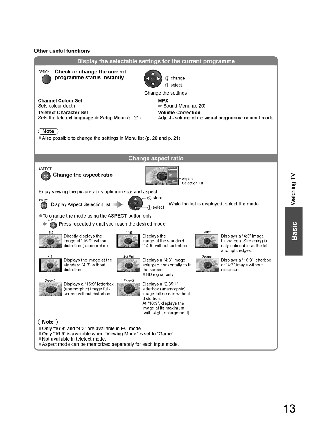 Panasonic TH-L37G10M Display the selectable settings for the current programme, Change aspect ratio, Channel Colour Set 