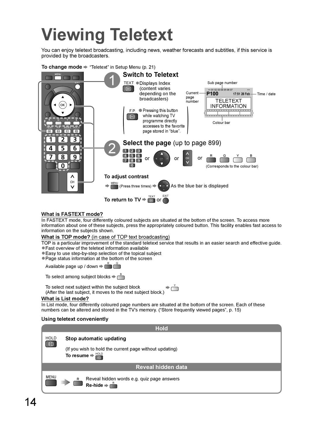 Panasonic TH-L37G10R, TH-L37G10K manual Viewing Teletext, Switch to Teletext, Select the page up to, Reveal hidden data 