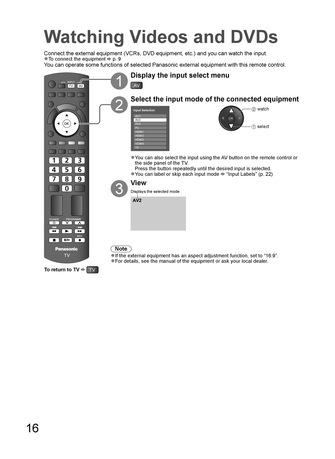 Panasonic TH-L37G10K Watching Videos and DVDs, Input select menu, View, Select the input mode of the connected equipment 