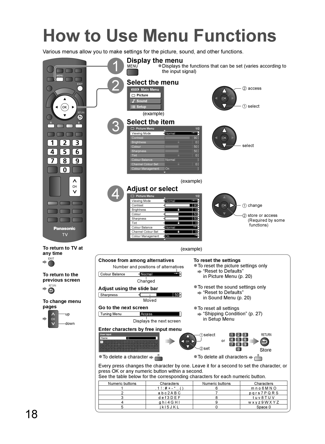 Panasonic TH-L37G10R, TH-L37G10K, TH-L37G10M How to Use Menu Functions, Select the menu, Select the item, Adjust or select 