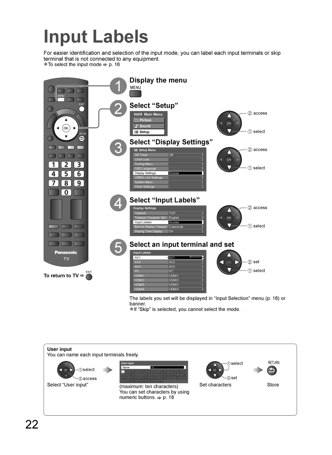 Panasonic TH-L37G10R, TH-L37G10K, TH-L37G10M, TH-L37G10X manual Input Labels 