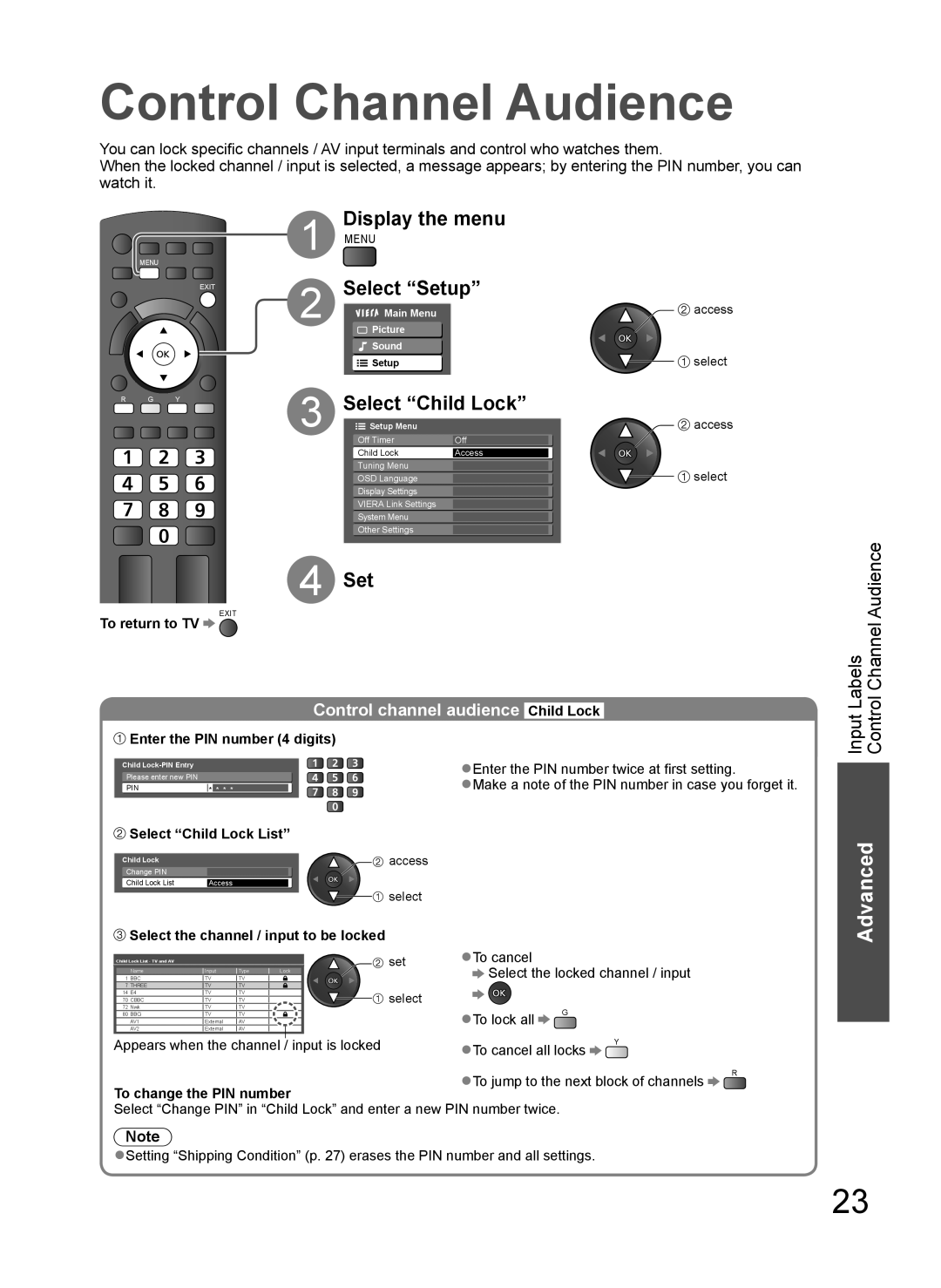 Panasonic TH-L37G10X, TH-L37G10K, TH-L37G10M, TH-L37G10R manual Control Channel Audience, Select Child Lock 