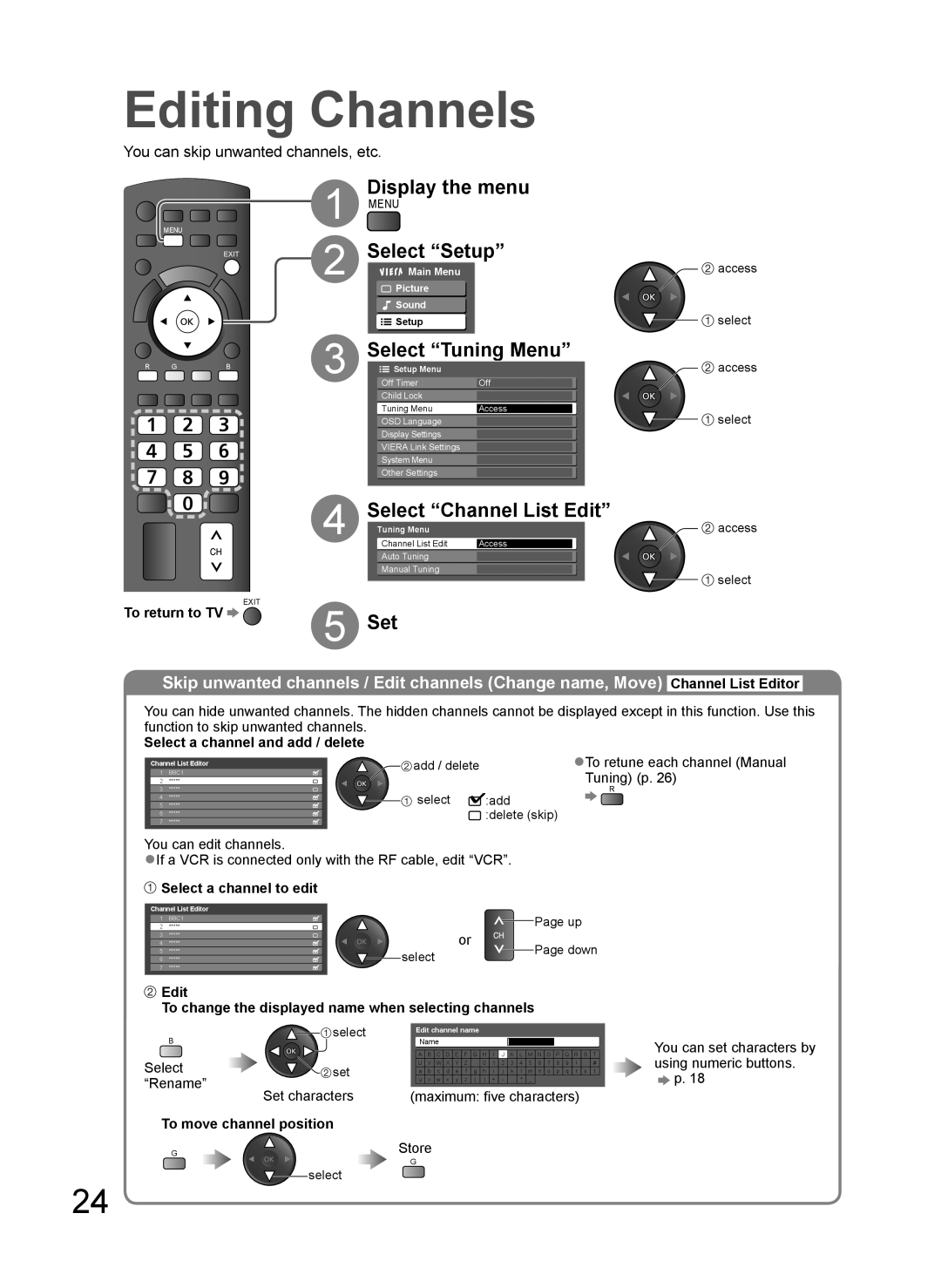 Panasonic TH-L37G10K, TH-L37G10M, TH-L37G10R, TH-L37G10X Editing Channels, Select Tuning Menu, Set, Select Channel List Edit 