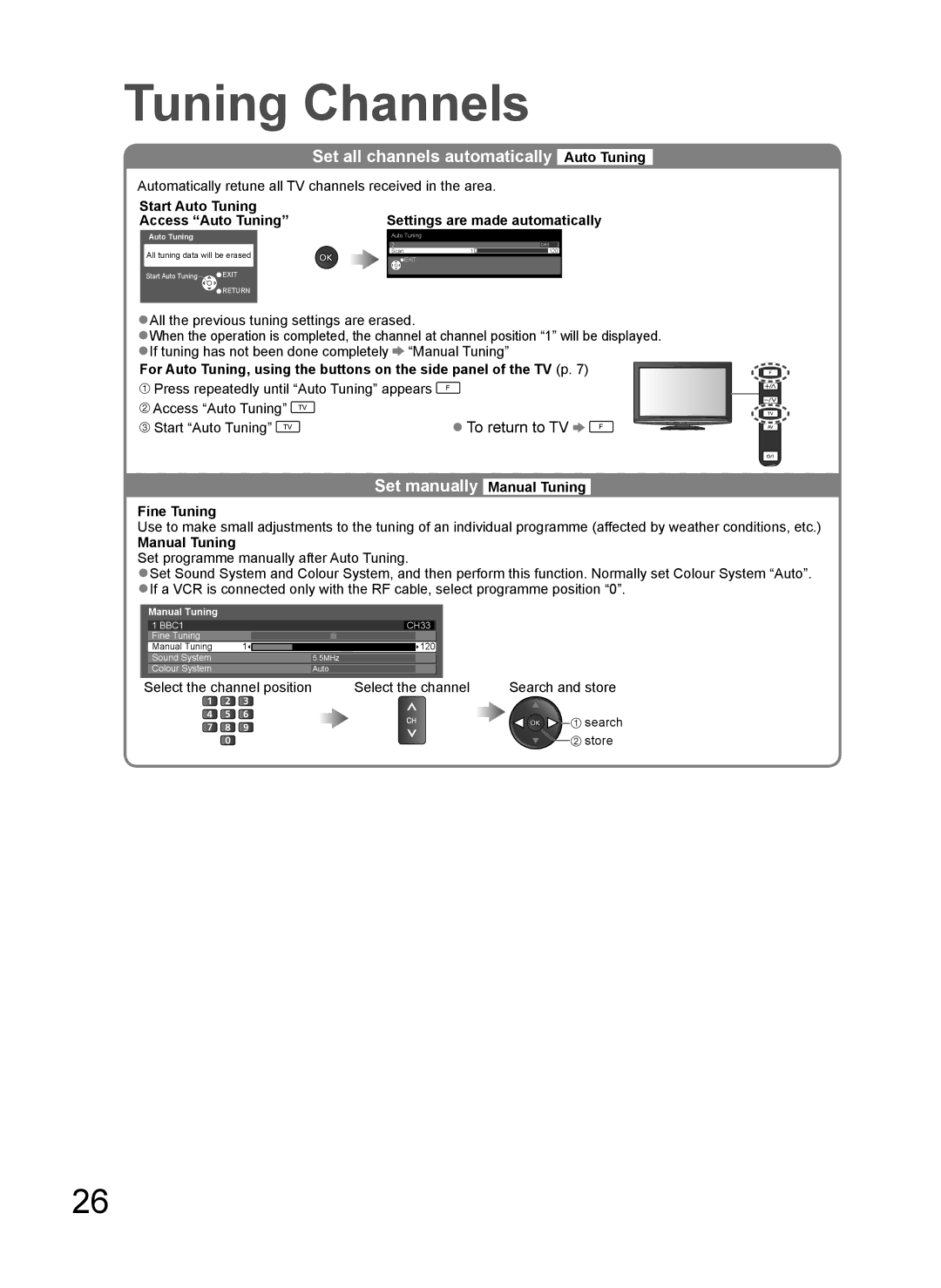 Panasonic TH-L37G10R, TH-L37G10K Set all channels automatically Auto Tuning, Set manually Manual Tuning, Fine Tuning 