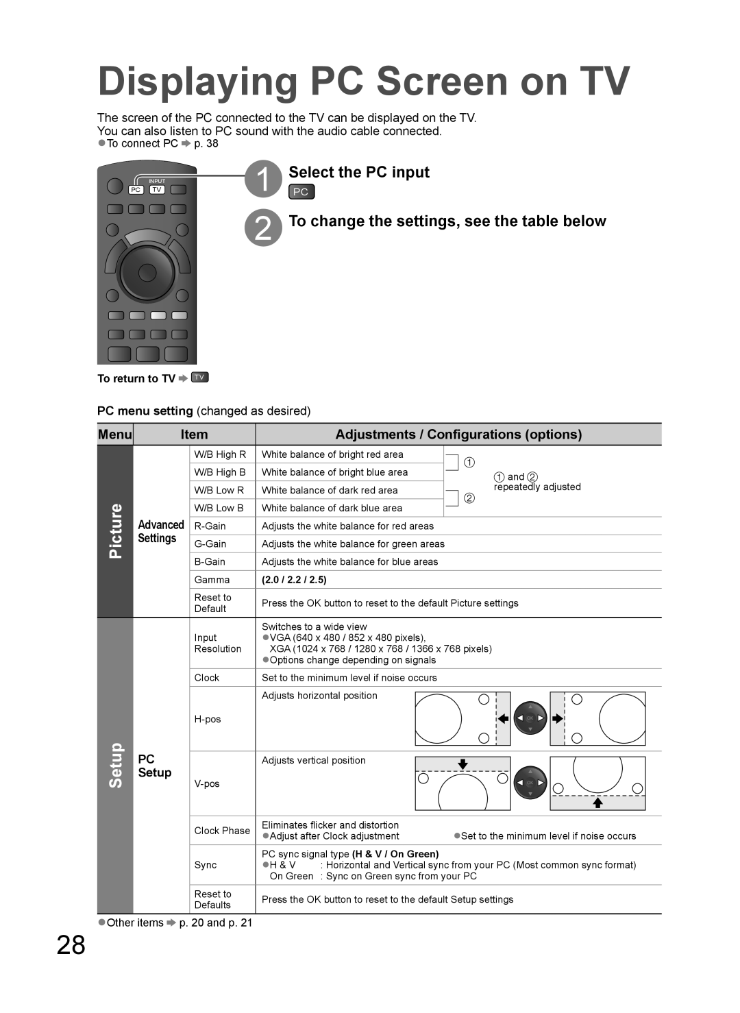 Panasonic TH-L37G10K, TH-L37G10M manual Displaying PC Screen on TV, Setup, To connect PC p, Settings, Other items p and p 