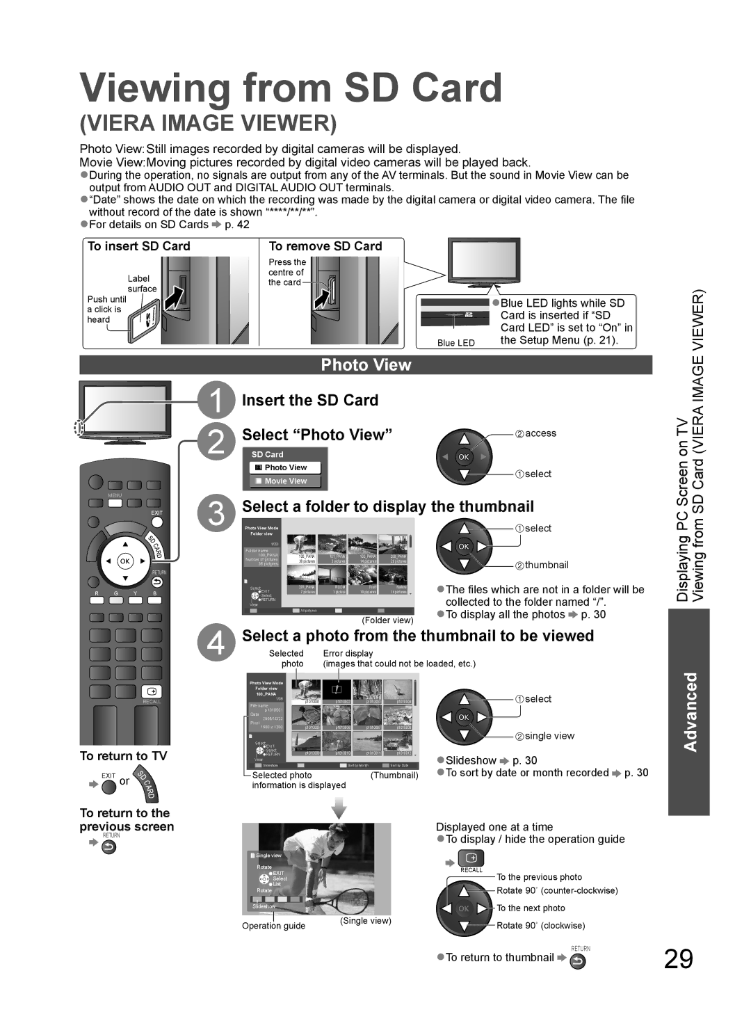 Panasonic TH-L37G10M, TH-L37G10K, TH-L37G10R, TH-L37G10X manual Viewing from SD Card, Insert the SD Card Select Photo View 