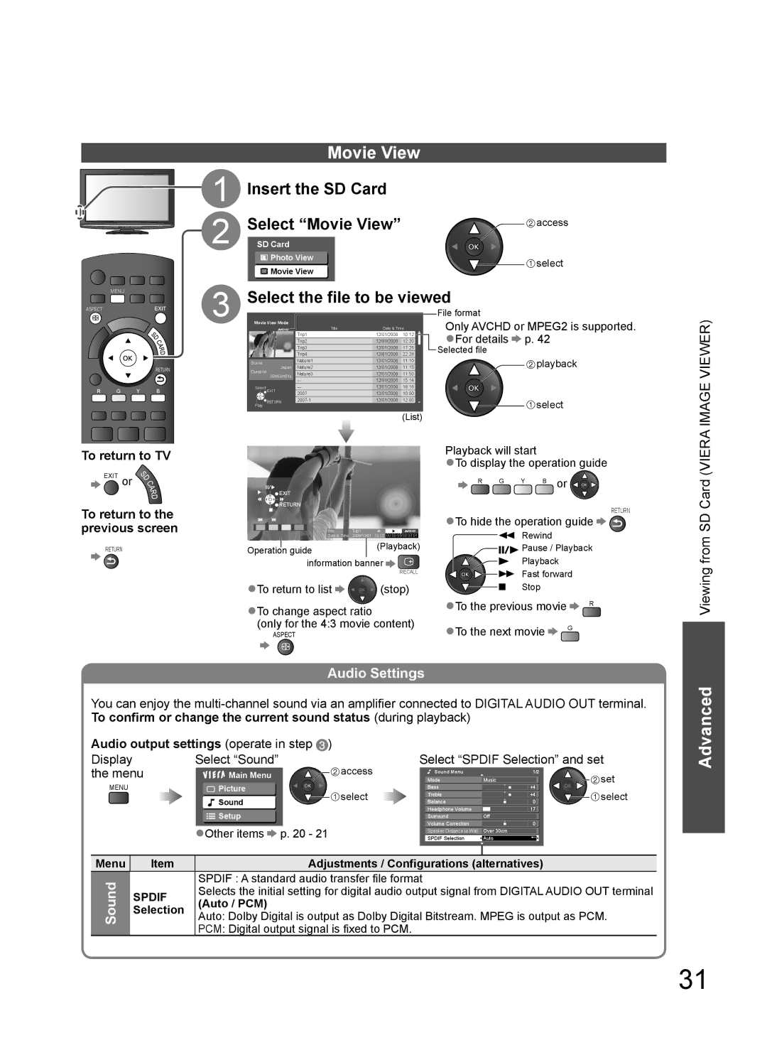 Panasonic TH-L37G10X manual Insert the SD Card Select Movie View, Select the file to be viewed, Audio Settings, Sound 