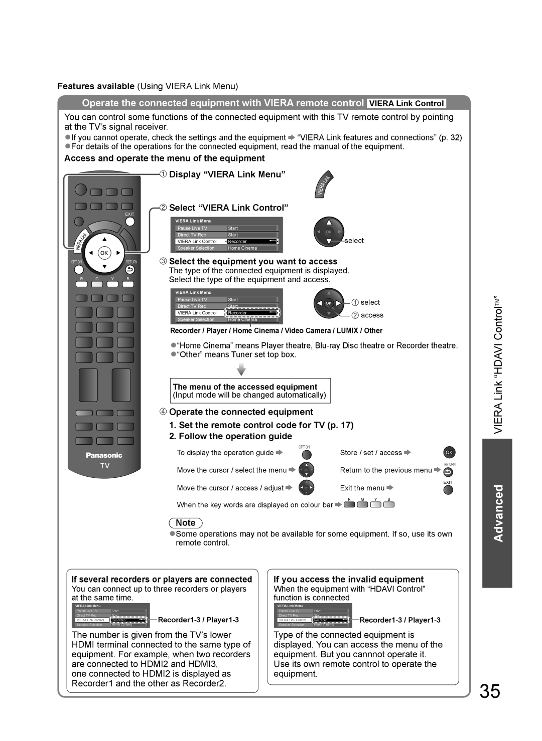 Panasonic TH-L37G10X Select Viera Link Control, Select the equipment you want to access, Menu of the accessed equipment 