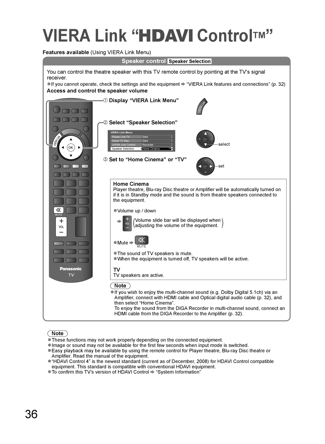 Panasonic TH-L37G10K Access and control the speaker volume, Set to Home Cinema or TV, Speaker control Speaker Selection 