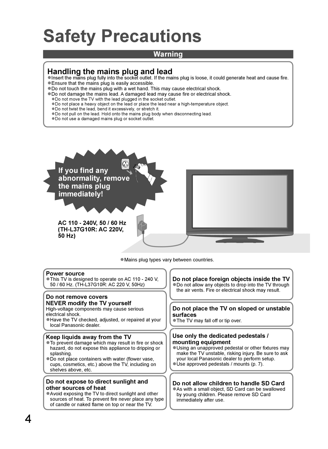 Panasonic TH-L37G10K, TH-L37G10M Safety Precautions, Mains plug types vary between countries, TV may fall off or tip over 