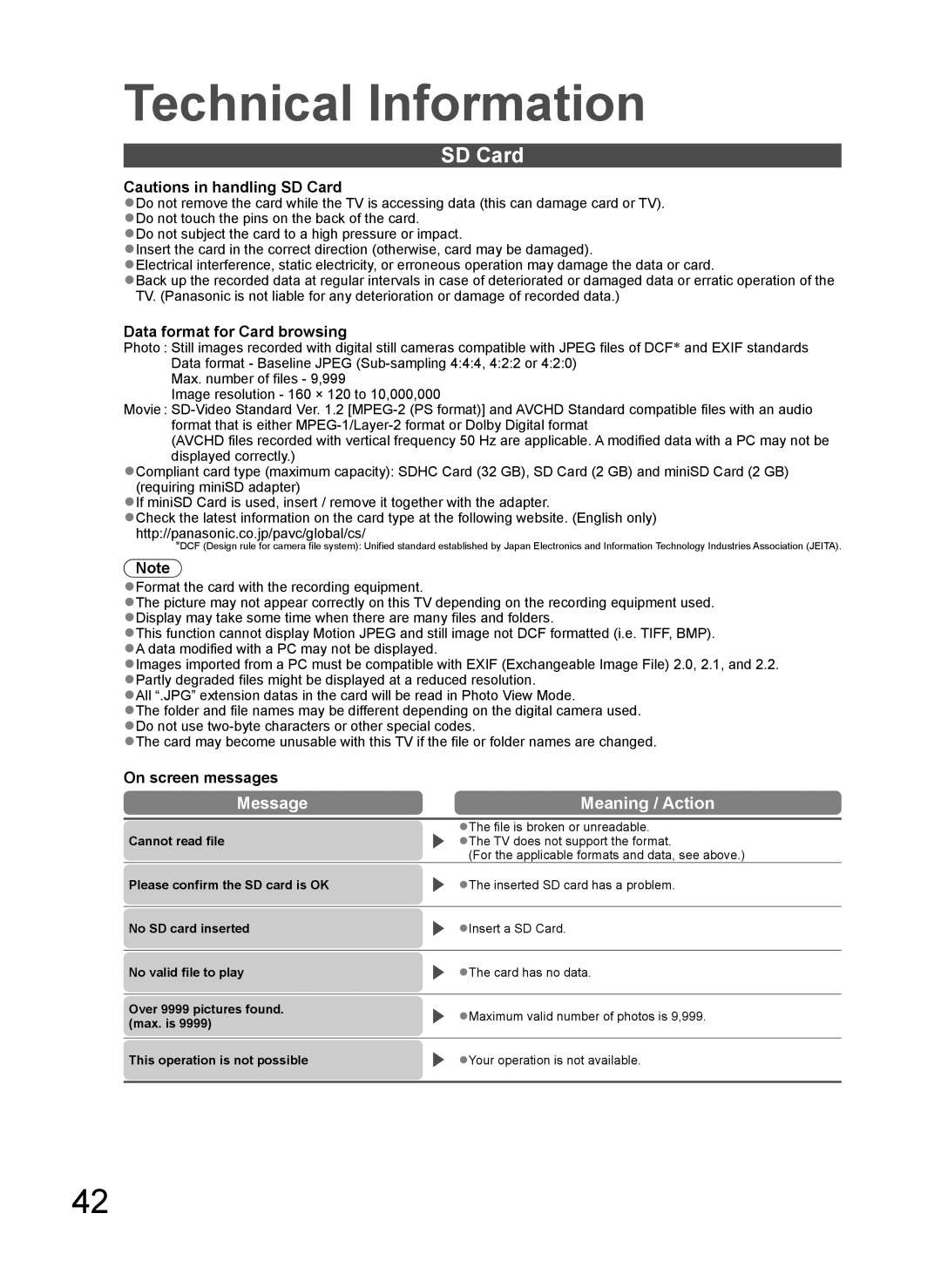 Panasonic TH-L37G10R, TH-L37G10K manual SD Card, Message Meaning / Action, Data format for Card browsing, On screen messages 