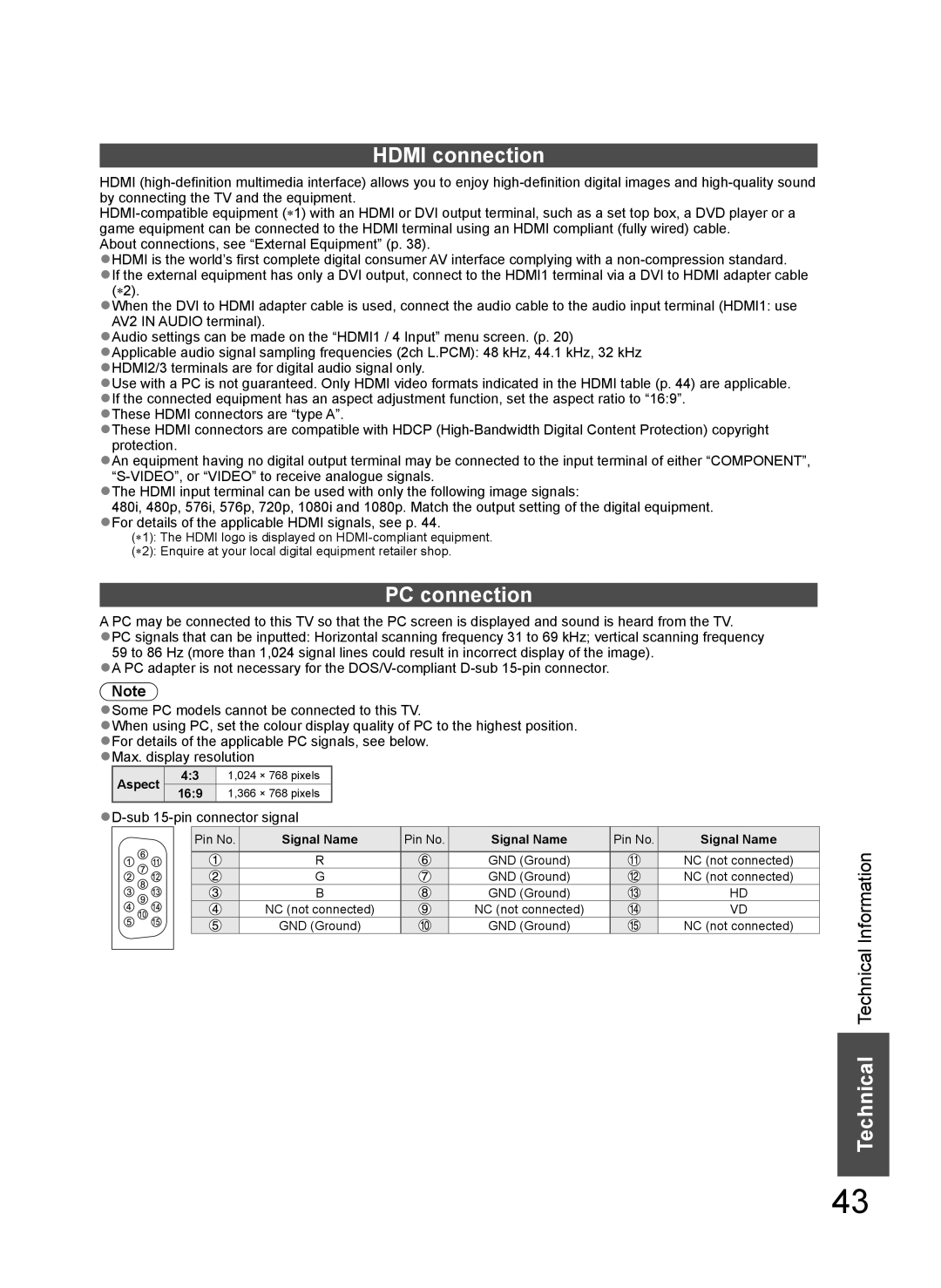 Panasonic TH-L37G10X, TH-L37G10K, TH-L37G10M, TH-L37G10R manual Hdmi connection, PC connection, Sub 15-pin connector signal 