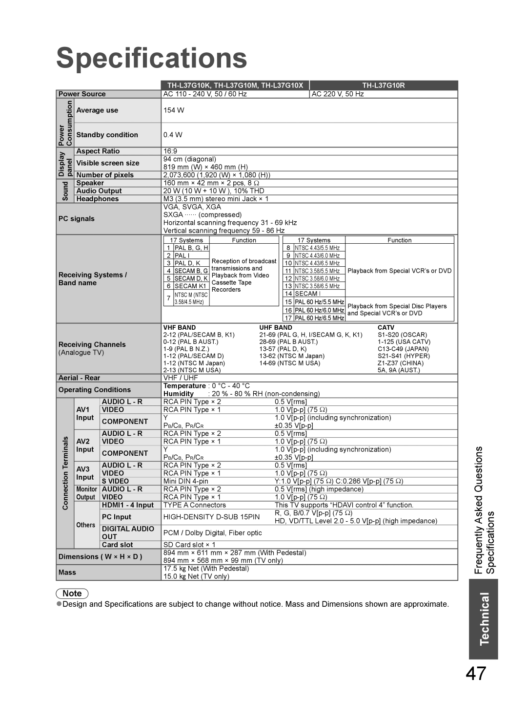 Panasonic manual Specifications, TH-L37G10K, TH-L37G10M, TH-L37G10X TH-L37G10R 