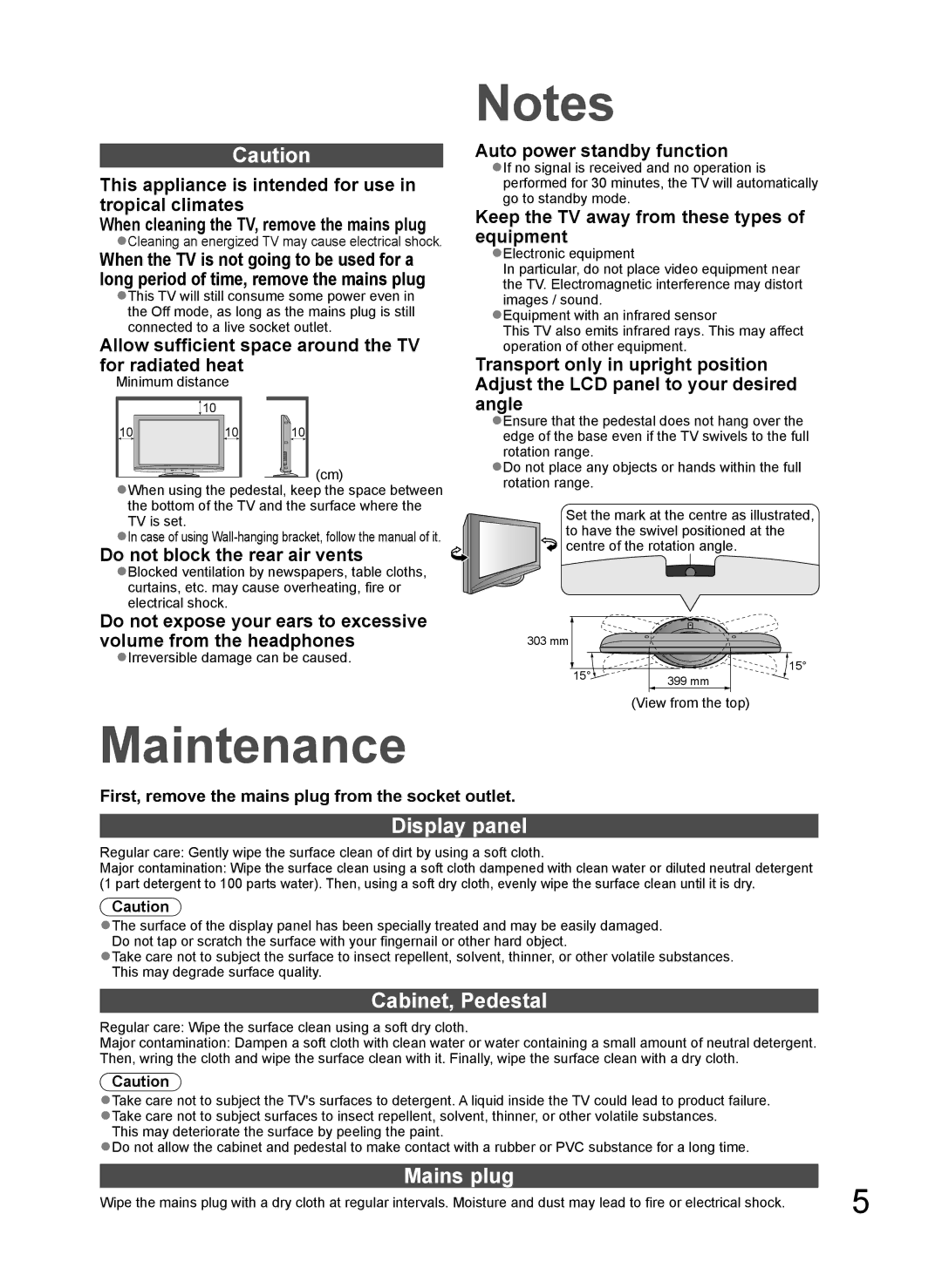 Panasonic TH-L37G10M, TH-L37G10K, TH-L37G10R, TH-L37G10X manual Maintenance, Display panel, Cabinet, Pedestal, Mains plug 