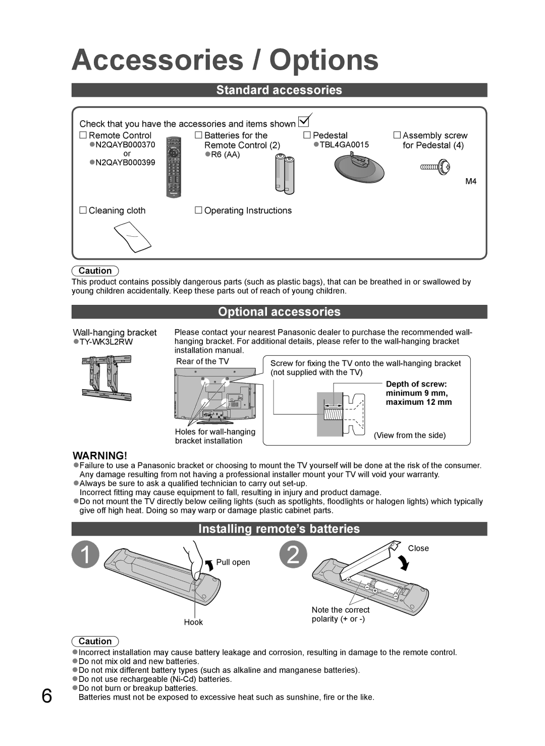 Panasonic TH-L37G10R Accessories / Options, Standard accessories, Optional accessories, Installing remote’s batteries 