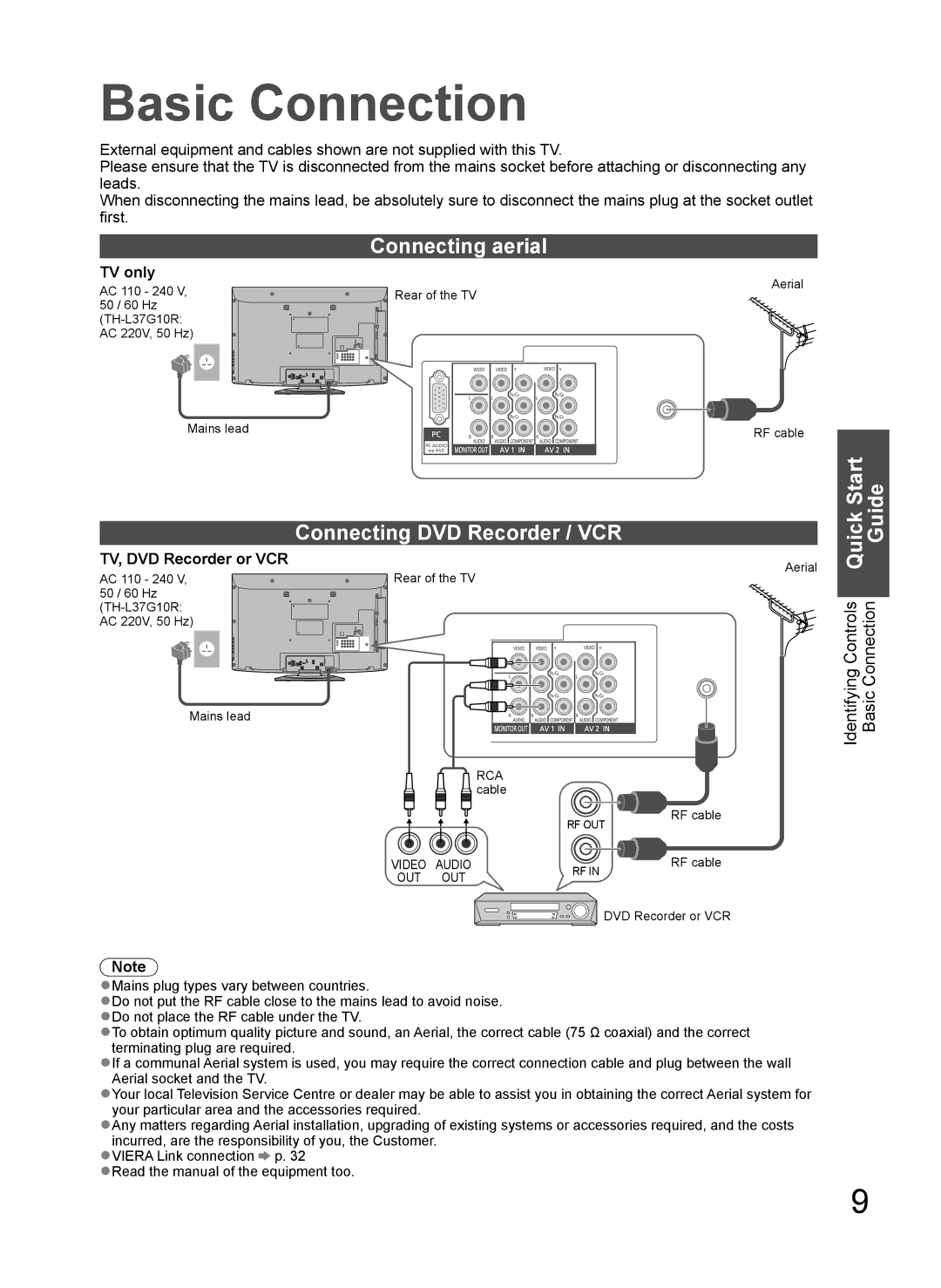 Panasonic TH-L37G10M Basic Connection, Connecting aerial, Connecting DVD Recorder / VCR, TV only, TV, DVD Recorder or VCR 