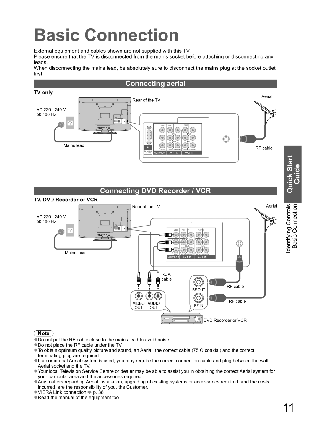 Panasonic TH-L37S10A Basic Connection, Connecting aerial, Connecting DVD Recorder / VCR, TV only, TV, DVD Recorder or VCR 