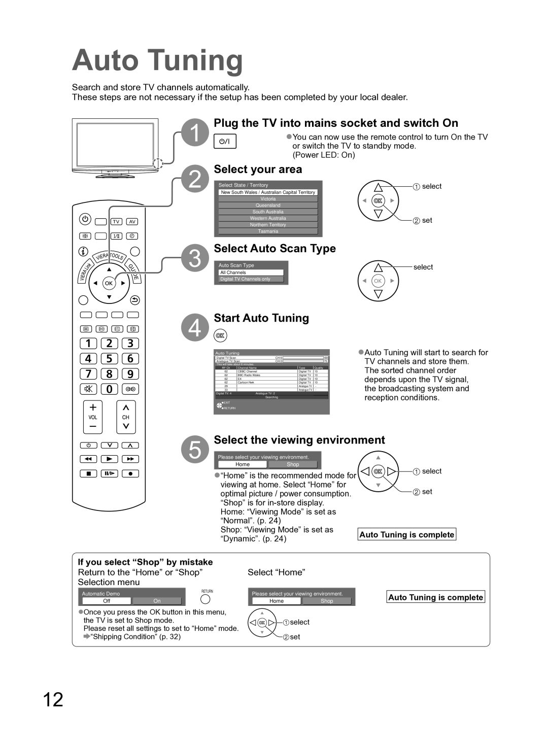 Panasonic TH-L37S10A manual Plug the TV into mains socket and switch On, Select your area, Select Auto Scan Type, Set 