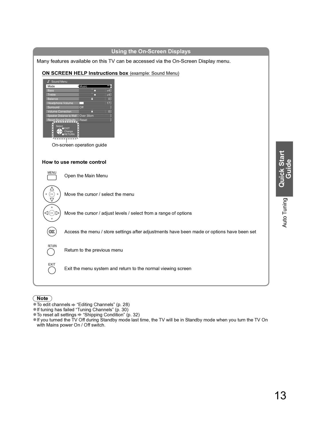 Panasonic TH-L37S10A manual Quick Start, Using the On-Screen Displays, On Screen Help Instructions box example Sound Menu 