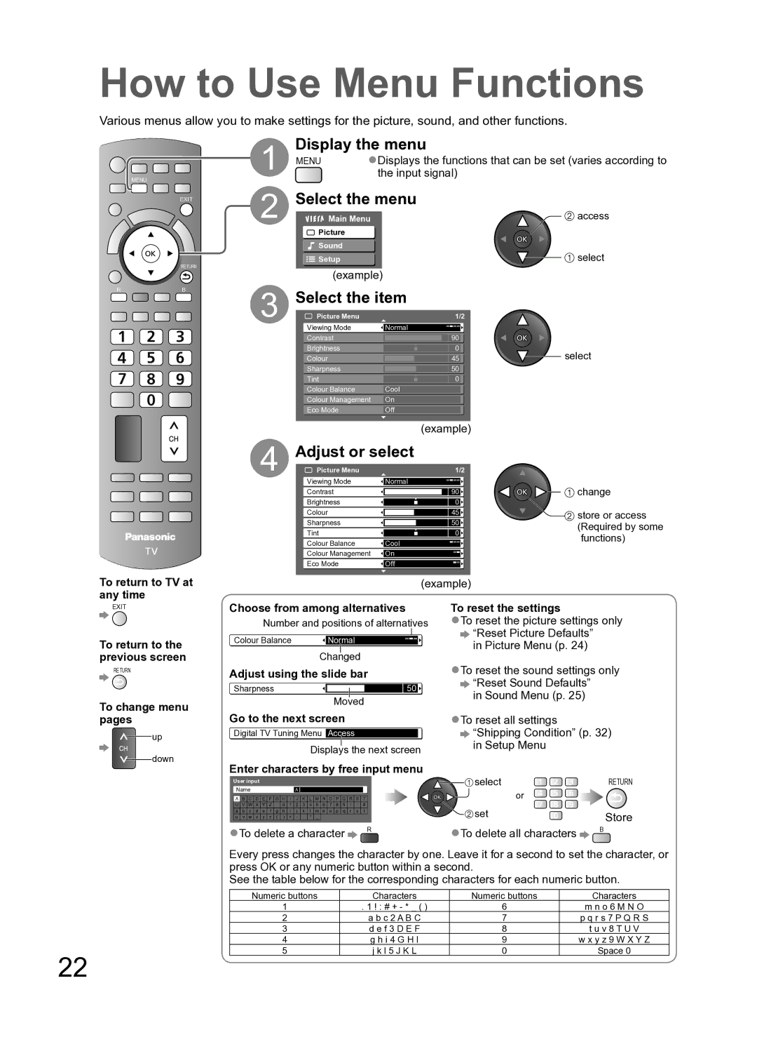 Panasonic TH-L37S10A manual How to Use Menu Functions, Display the menu, Select the menu, Select the item, Adjust or select 