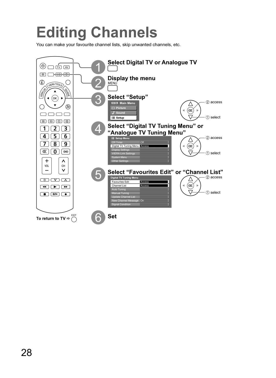 Panasonic TH-L37S10A manual Editing Channels, Select Digital TV or Analogue TV, Select Digital TV Tuning Menu or 