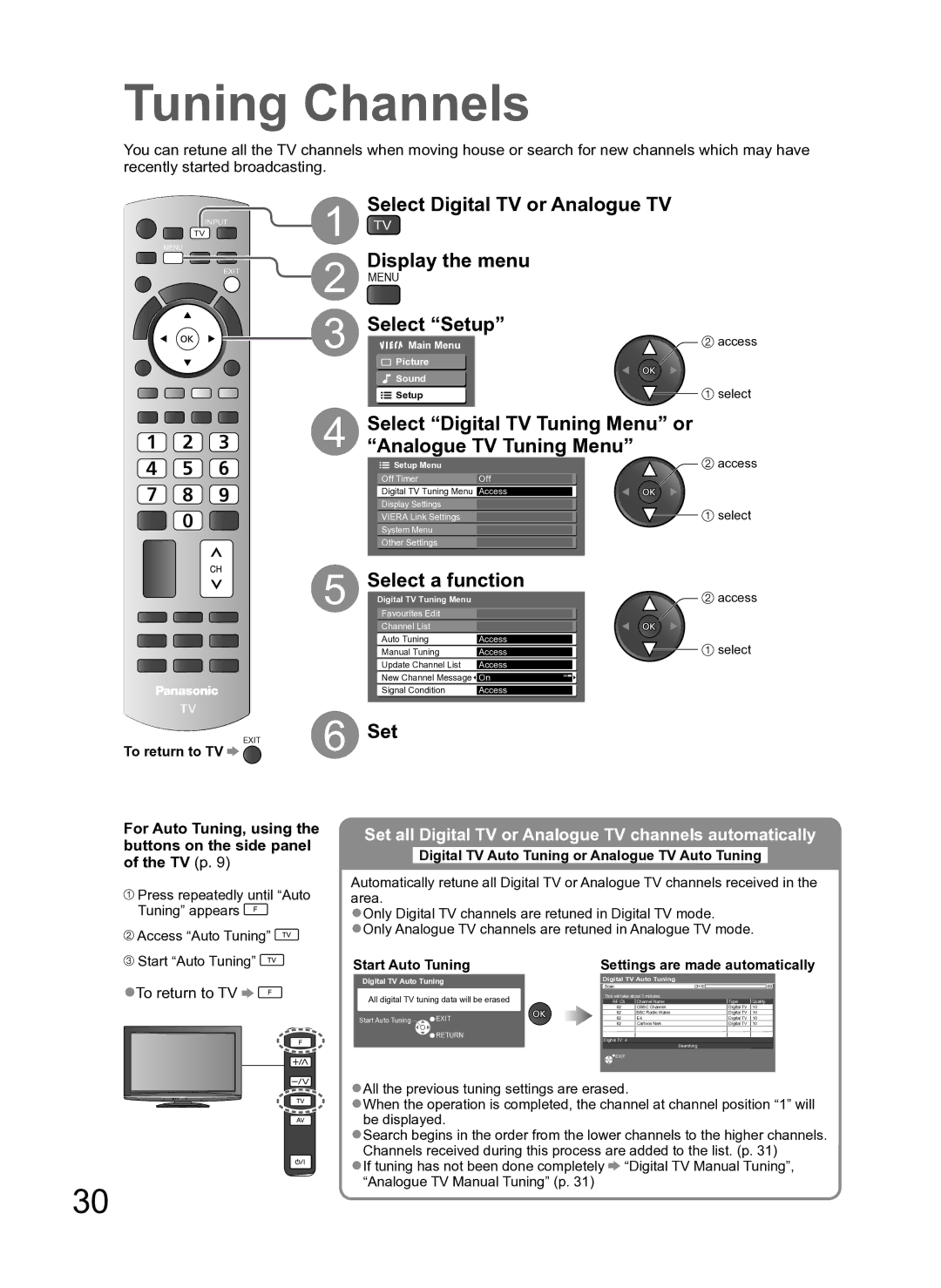 Panasonic TH-L37S10A manual Tuning Channels, Select Digital TV or Analogue TV Display the menu, Select a function 