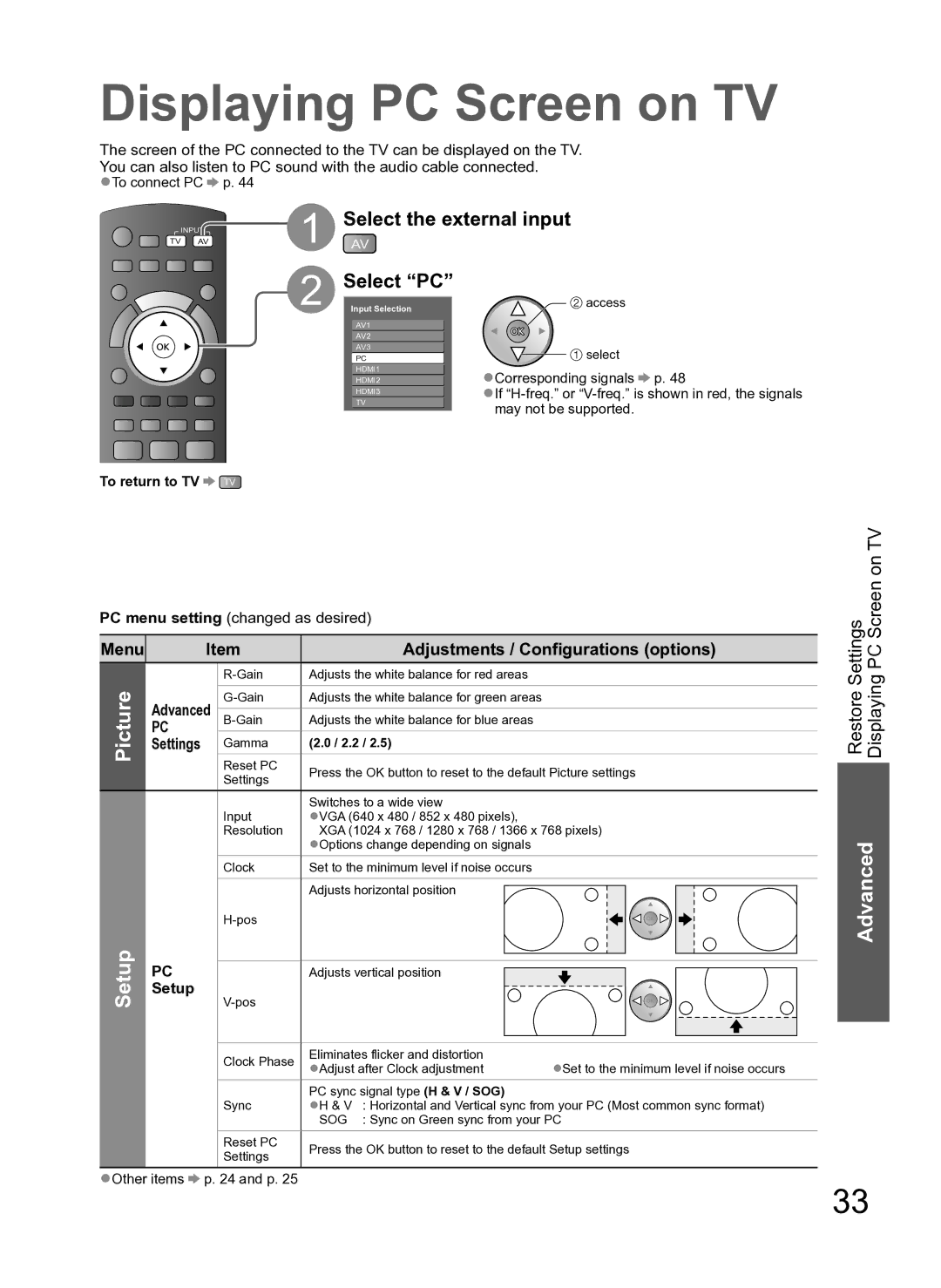 Panasonic TH-L37S10A manual Displaying PC Screen on TV, Advanced, Setup 