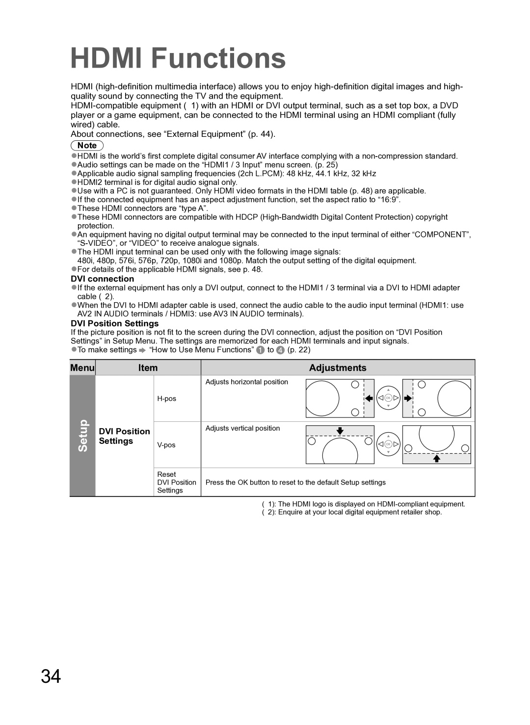 Panasonic TH-L37S10A manual Hdmi Functions, Setup, DVI connection, DVI Position Settings 