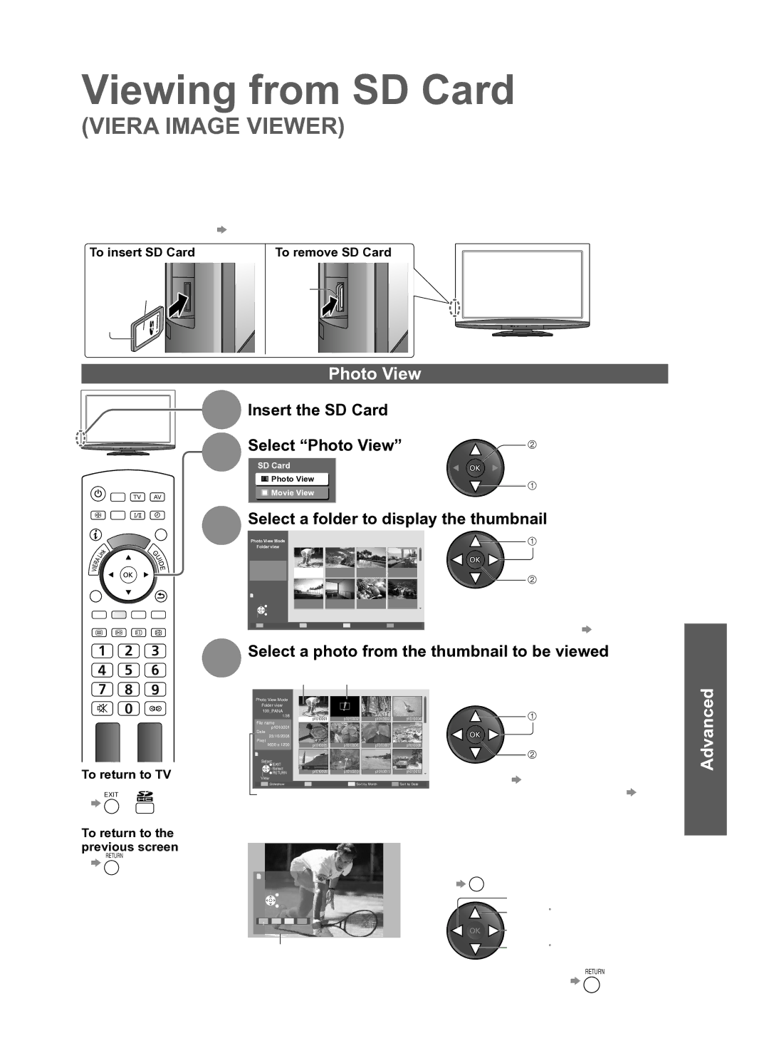 Panasonic TH-L37S10A manual Viewing from SD Card, Insert the SD Card Select Photo View 