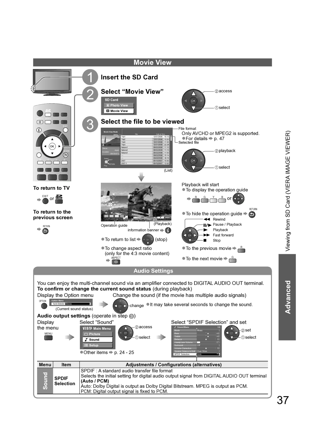 Panasonic TH-L37S10A manual Movie View, Insert the SD Card, Select the file to be viewed, Audio Settings, Sound 