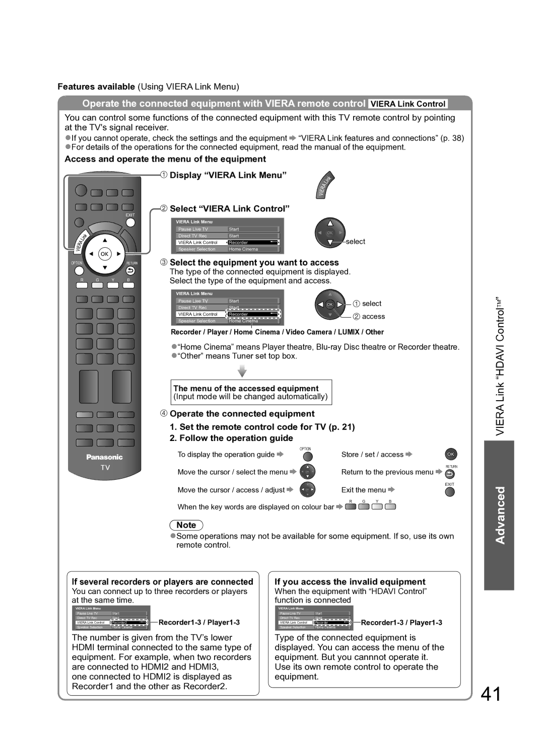 Panasonic TH-L37S10A Select Viera Link Control, Select the equipment you want to access, Menu of the accessed equipment 