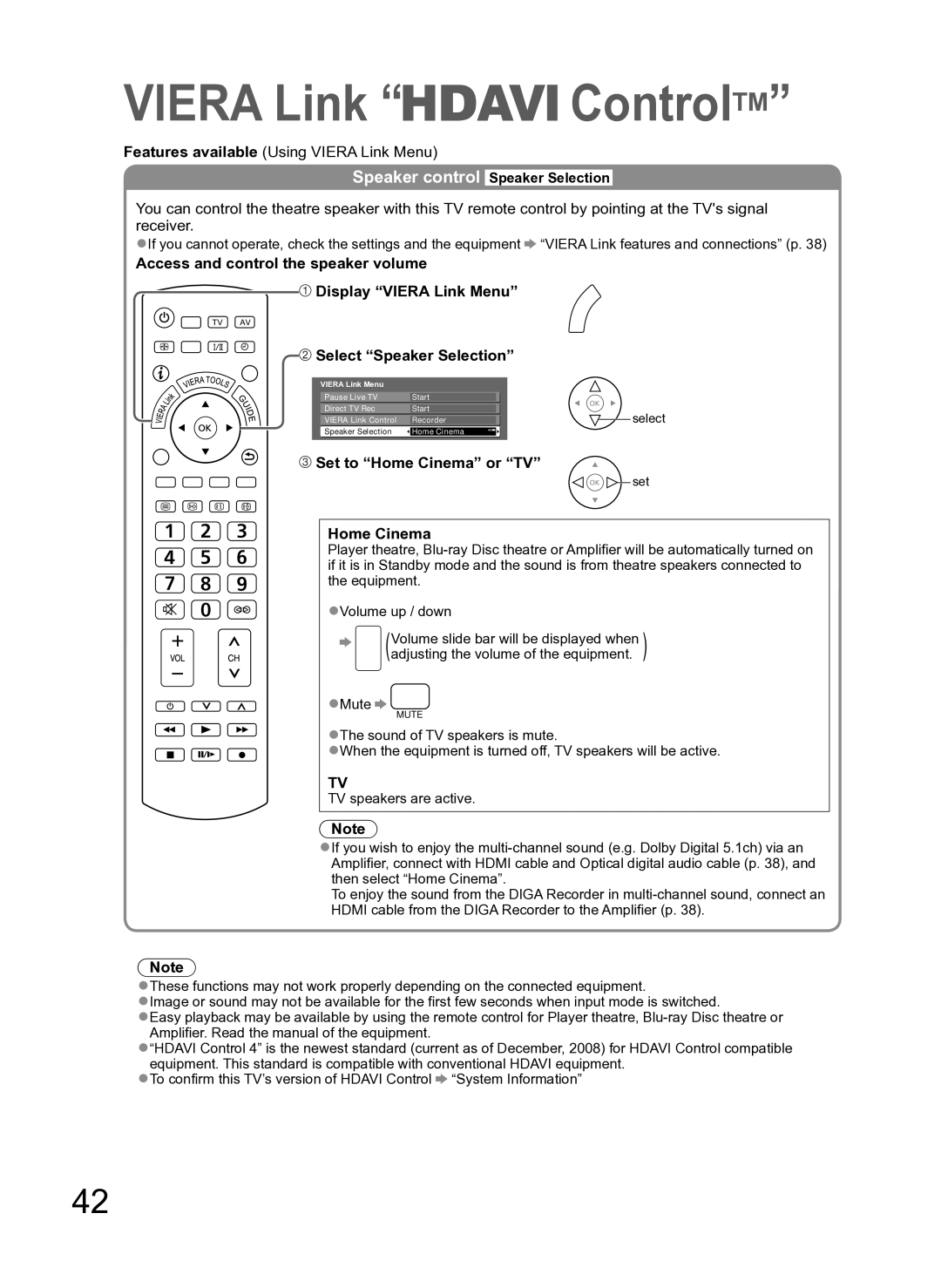 Panasonic TH-L37S10A manual Select Speaker Selection, Set to Home Cinema or TV, Speaker control Speaker Selection 