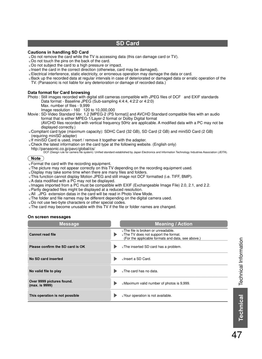Panasonic TH-L37S10A manual SD Card, Message Meaning / Action, Data format for Card browsing, On screen messages 