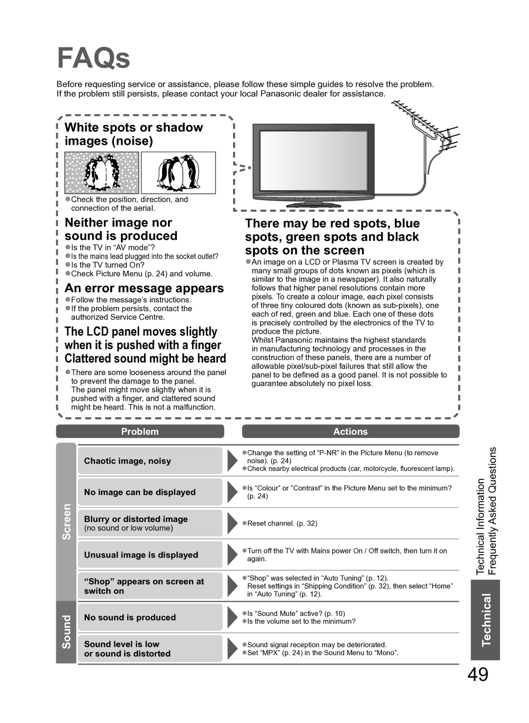 Panasonic TH-L37S10A manual FAQs, Sound, Problem Actions 