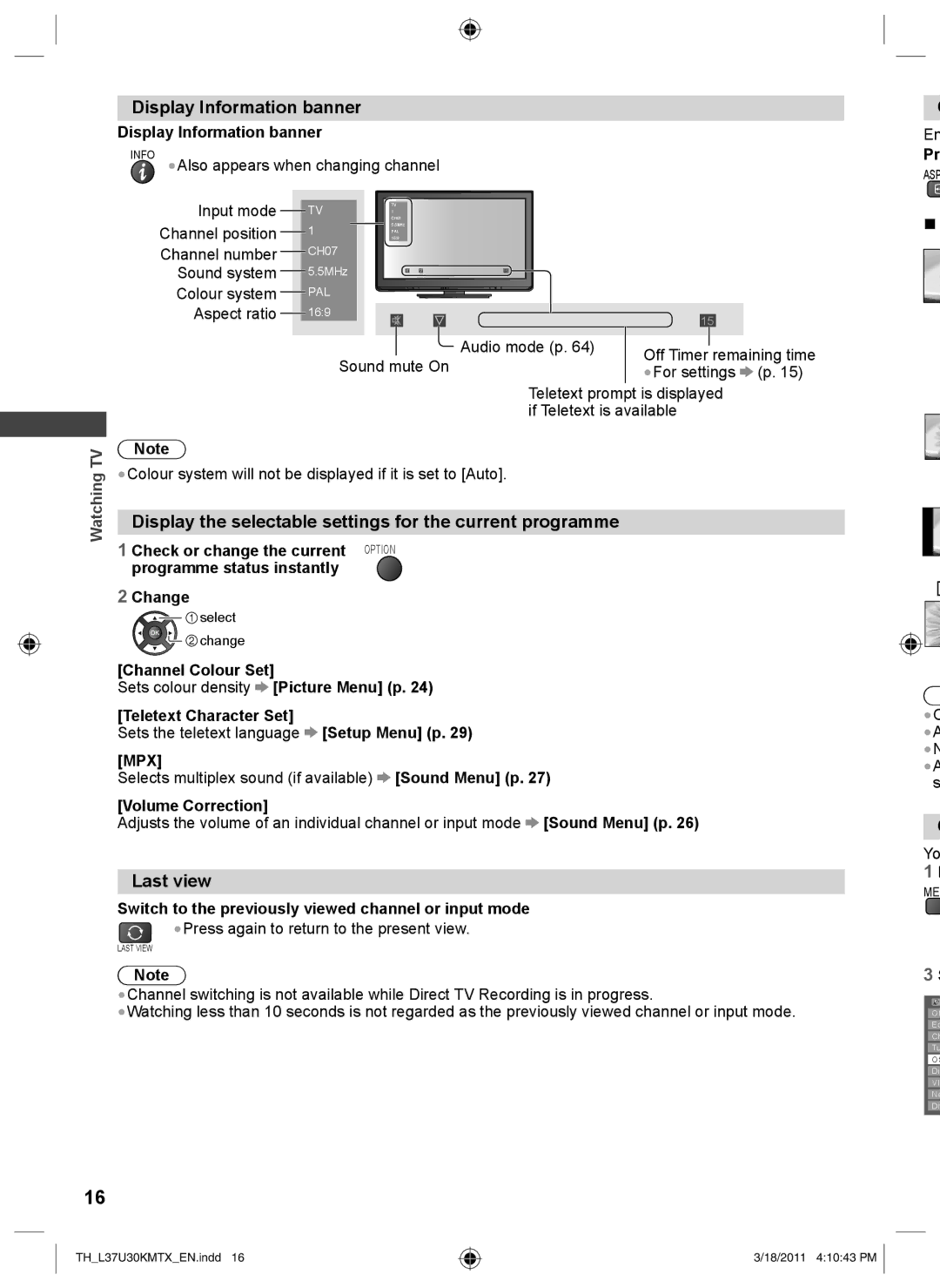 Panasonic TH-L37U30M Display Information banner, Display the selectable settings for the current programme, Last view 