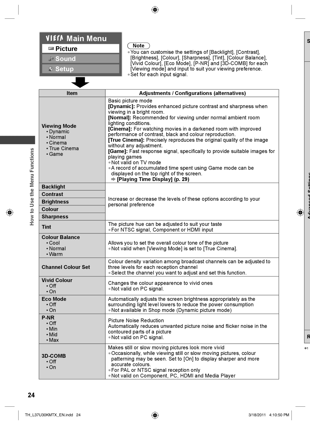 Panasonic TH-L37U30M Adjustments / Configurations alternatives, Viewing Mode, Playing Time Display p, Backlight Contrast 