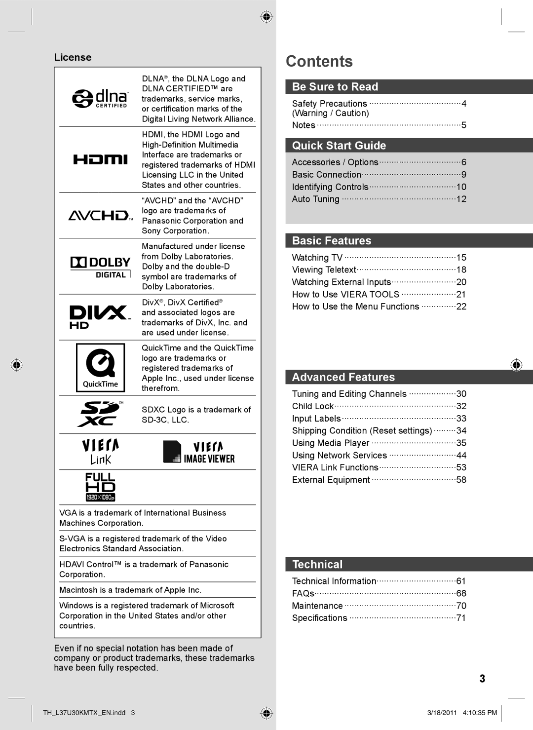 Panasonic TH-L37U30X, TH-L37U30M operating instructions Contents 