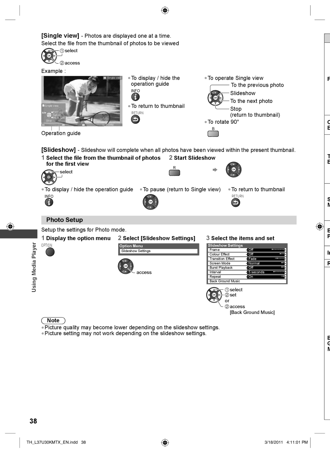 Panasonic TH-L37U30M, TH-L37U30X Photo Setup, To return to thumbnail, Display the option menu 2 Select Slideshow Settings 